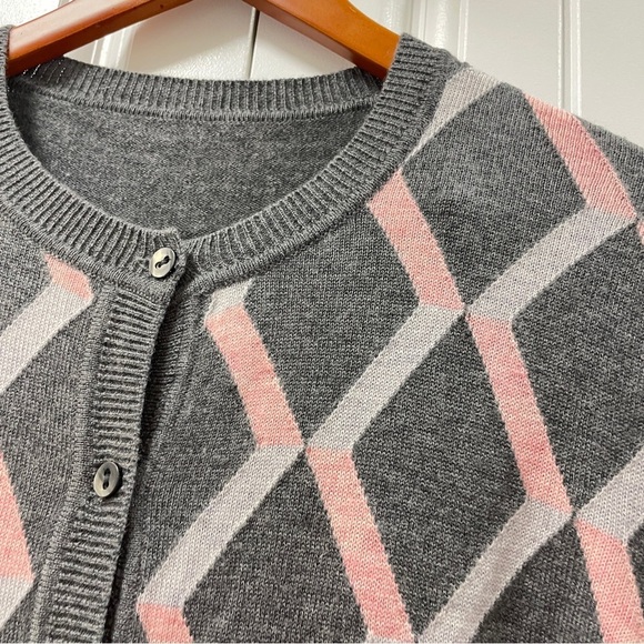 Vintage Wool Cashmere Argyle Button-Up Cardigan Pink Grey - Picture 7 of 13